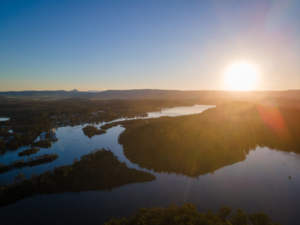 Aerial photo of Lake Conjola at sunset